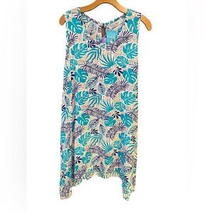Tybee Island NWT Sz S Turquoise Blue Tropical Palm Tree Print Glowy Summer Dress